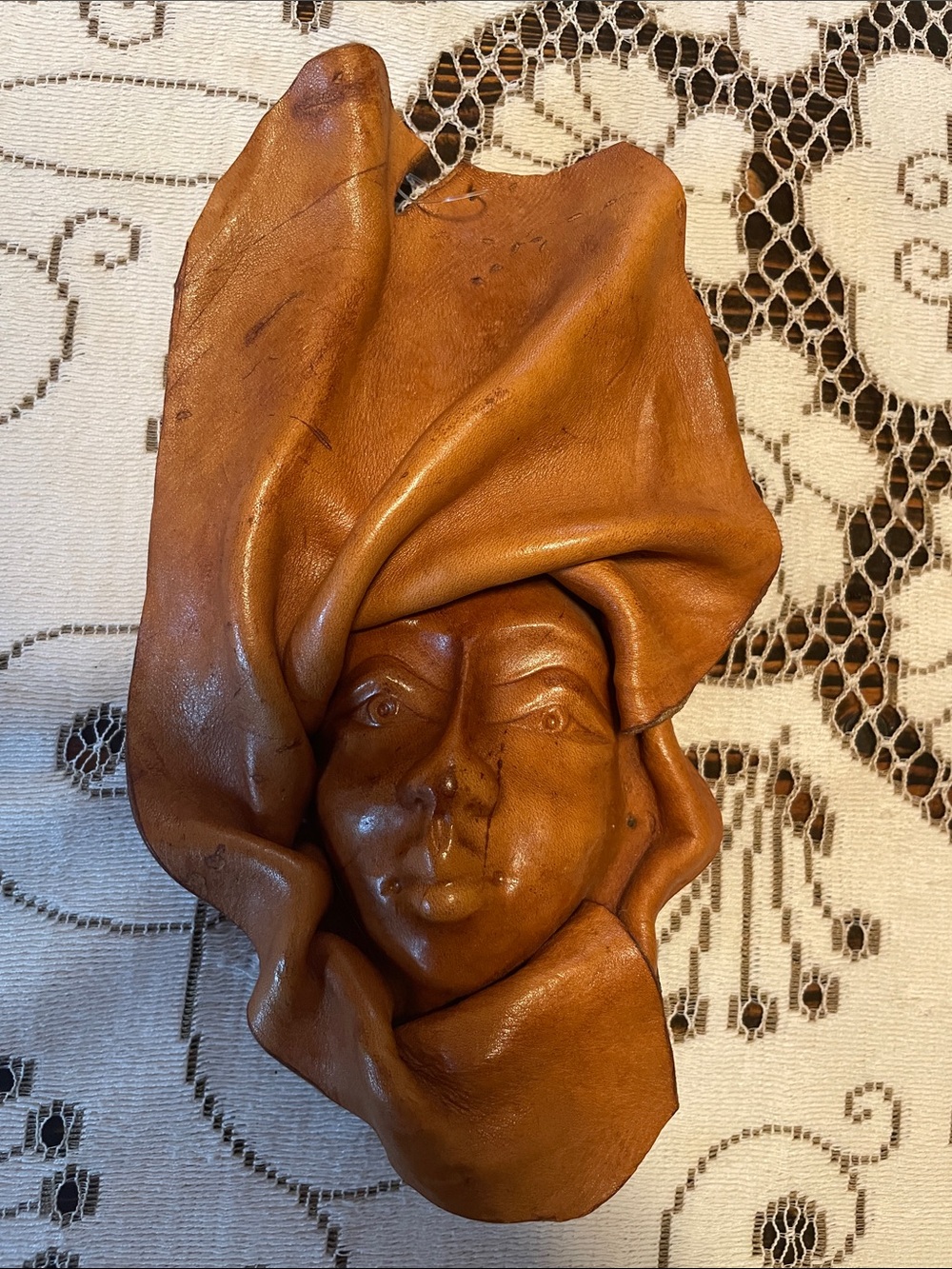 Vintage Molded Leather 3D Woman Leather Tribal Mask, Handcrafted Folk Wall Art